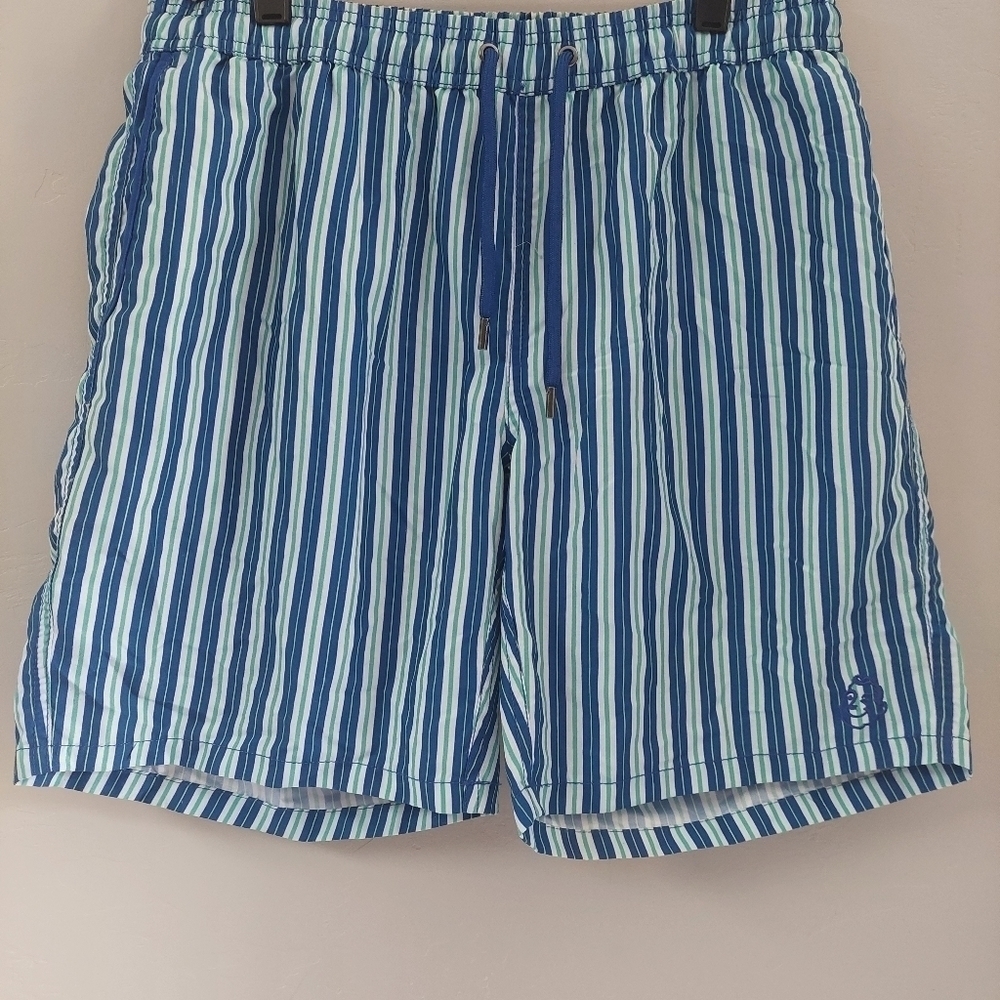 Beach Bros Blue White Green Swim Trunks Stripped Men's Medium‎